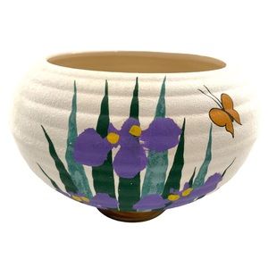Large Cream Ribbed Pottery Planter w/ Iris & Butterfly from "Aloha Kiln" Hawaii